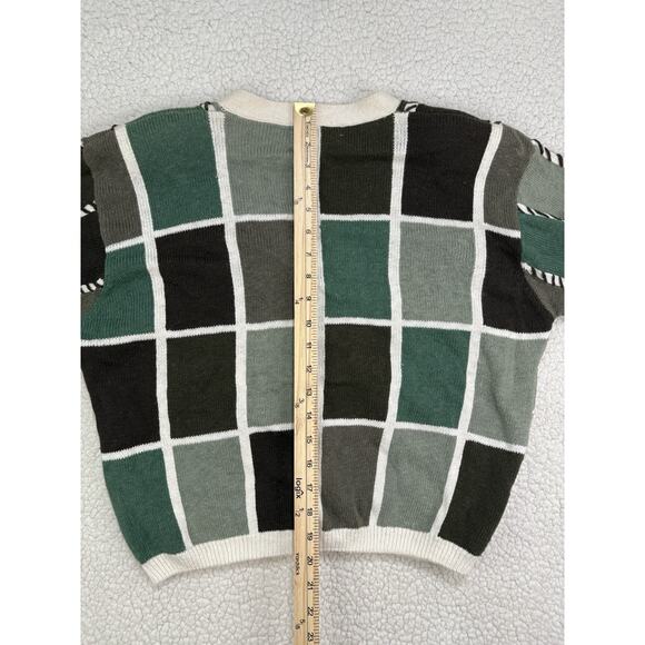 Vtg Knit Cardigan Sweater Sz M Green Check Cottage Grandma 90s Mixed Print - Picture 9 of 9